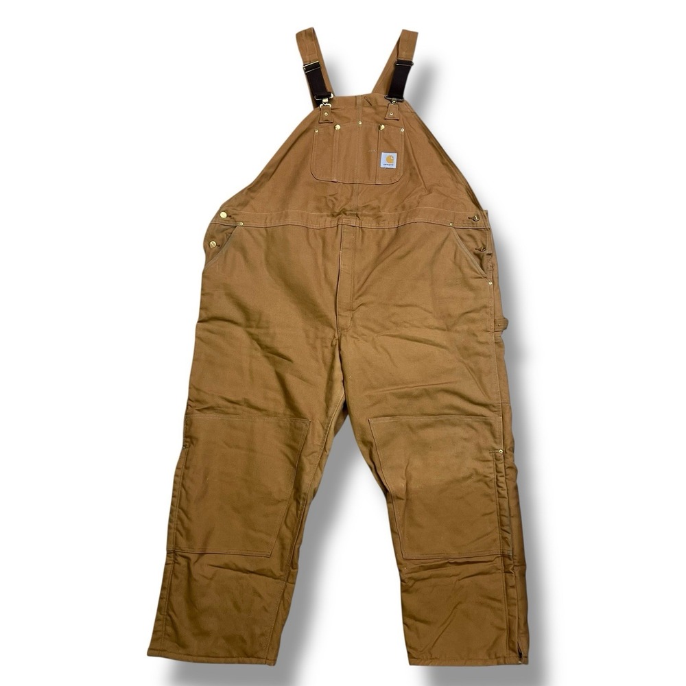 VTG Carhartt Quilted Lined Insulated Bibs Overalls Mens 58" Short Brown R02 USA